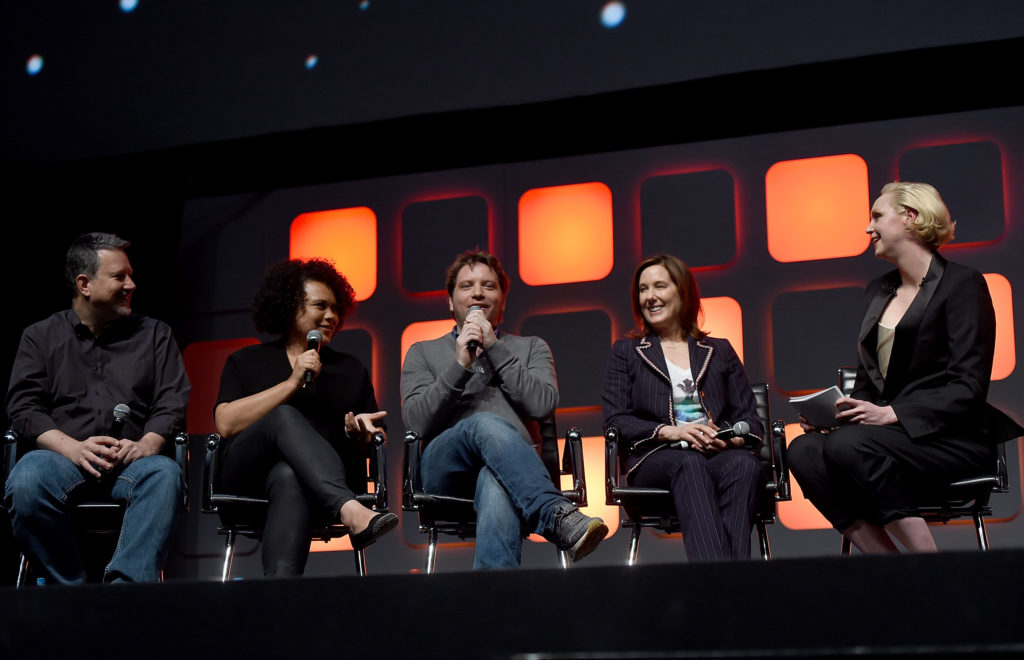 LONDON, ENGLAND - JULY 15: (L-R) Writer John Knoll, co-producer Kiri Hart, director Gareth Edwards, producer Kathleen Kennedy and host Gwendoline Christie on stage during the Rogue One Panel at the Star Wars Celebration 2016 at ExCel on July 15, 2016 in London, England. (Photo by Ben A. Pruchnie/Getty Images for Walt Disney Studios) *** Local Caption *** John Knoll; Kiri Hart; Gareth Edwards; Kathleen Kennedy; Gwendoline Christie