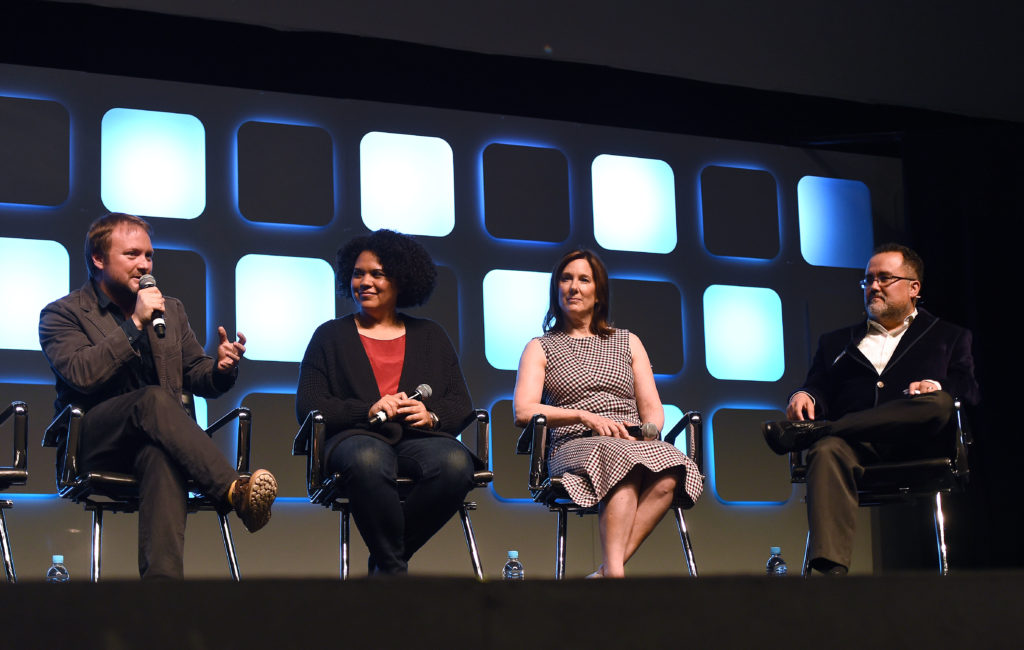 LONDON, ENGLAND - JULY 17:  (L-R) Rian Johnson, director of Star Wars Episode VIII, Kiri Hart, SVP of Development, and Kathleen Kennedy, President of Lucasfilm, and Pablo Hidalgo on stage during Future Directors panel at the Star Wars Celebration 2016 at ExCel on July 17, 2016 in London, England.  (Photo by Ben A. Pruchnie/Getty Images for Walt Disney Studios) *** Local Caption *** Rian Johnson; Kiri Hart; Kathleen Kennedy; Pablo Hidalgo